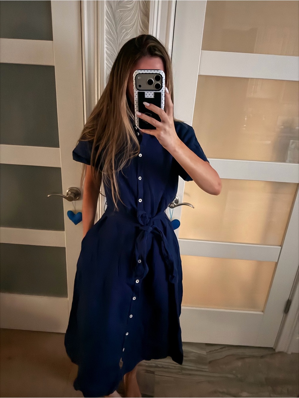 Hill House linen Navy Short-Sleeve Button-Front Midi Dress with pockets